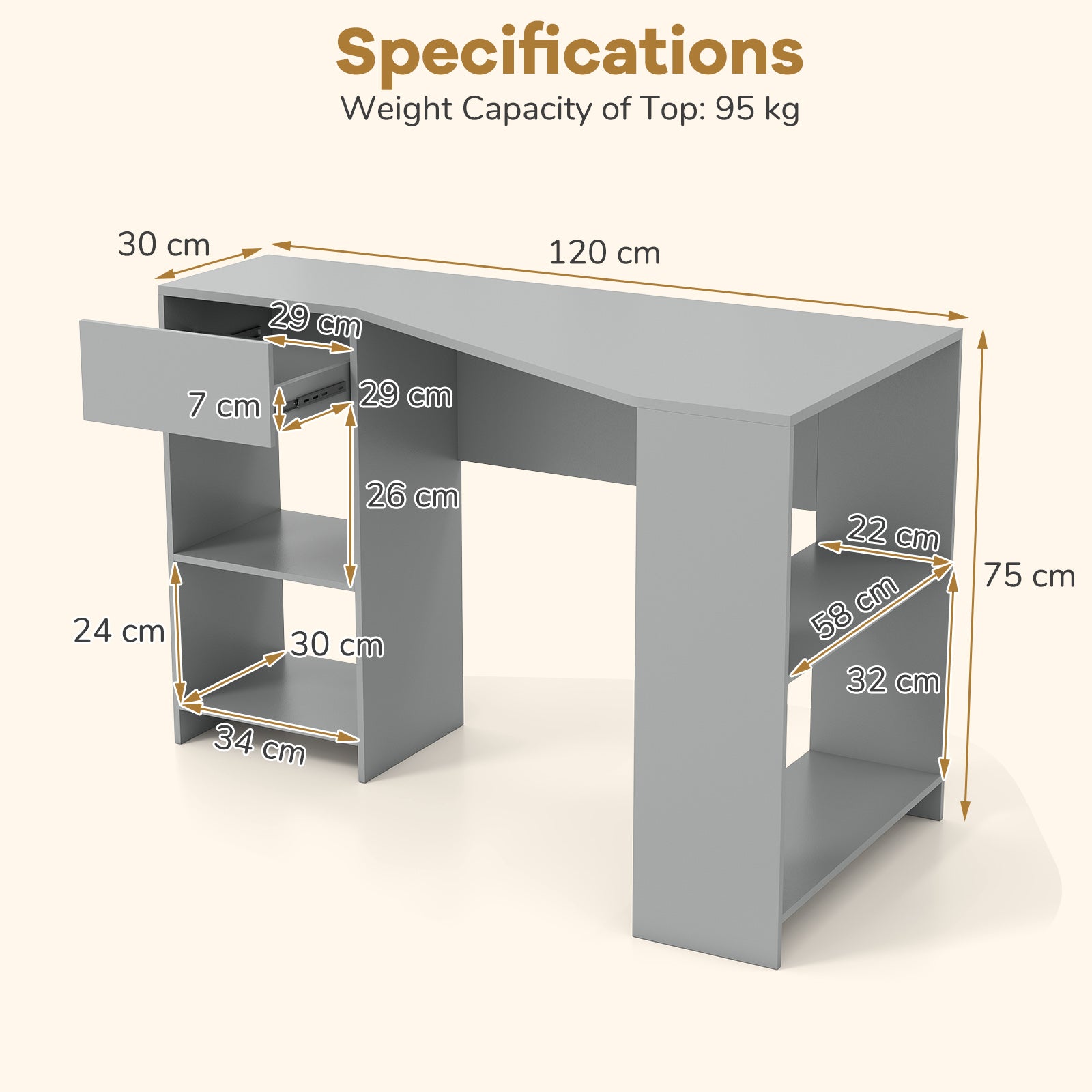 L-Shaped Computer Desk with Storage and Open Shelves for Living Room Bedroom-Grey