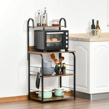HOMCOM 4-Tier Baker's Rack, Microwave Stand with 4 Hooks, Kitchen Storage Unit for Spices, Pots and Pans, Rustic Brown