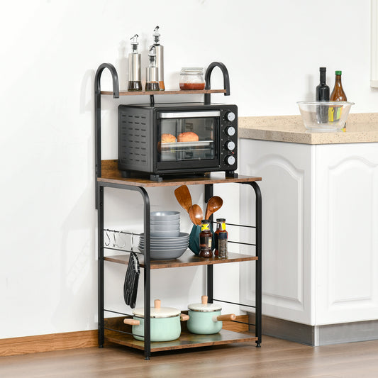 HOMCOM 4-Tier Baker's Rack, Microwave Stand with 4 Hooks, Kitchen Storage Unit for Spices, Pots and Pans, Rustic Brown