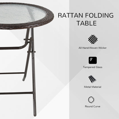 Outsunny Folding Rattan Garden Dining Table, 68 cm Round Rattan Garden Table with Water Ripple Tempered Glass Top, Wicker Edging and Steel Frame for Outdoor, Patio, Brown