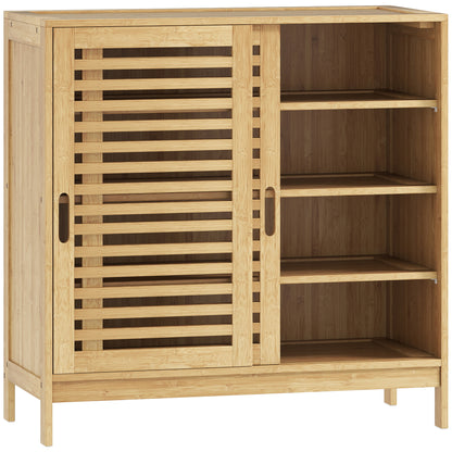 HOMCOM Bamboo Shoe Cabinet with 2 Sliding Slat Doors, 16Pairs, Adjustable Shelves, Natural