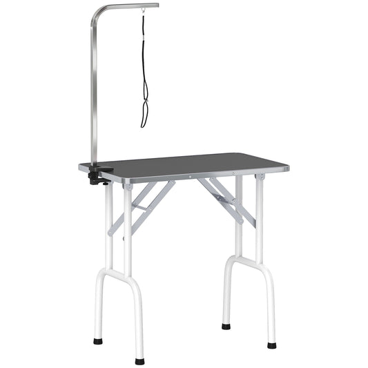 PawHut 32" Foldable Dog Grooming Table Pet Drying Beauty Table Adjustable Fixed Arm Rubber Top, Black