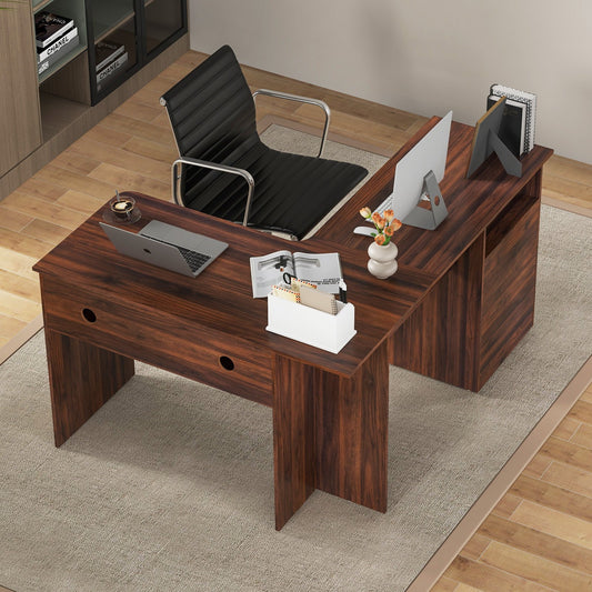 L Shaped Computer Desk with Letter File Drawer and Open Compartment-Walnut