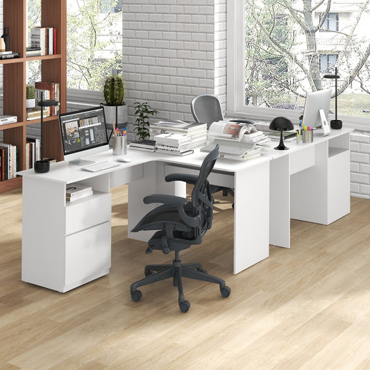L Shaped Computer Desk with Letter File Drawer and Open Compartment-White