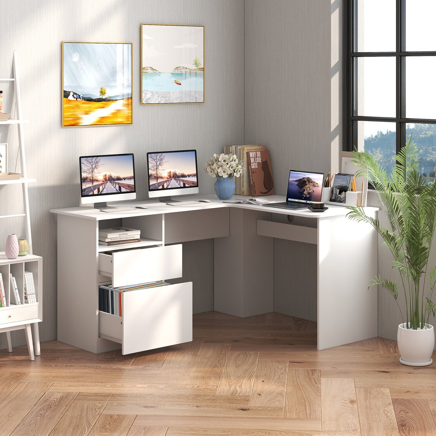 L Shaped Computer Desk with Letter File Drawer and Open Compartment-White