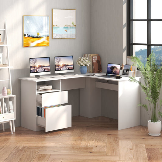 L Shaped Computer Desk with Letter File Drawer and Open Compartment-White