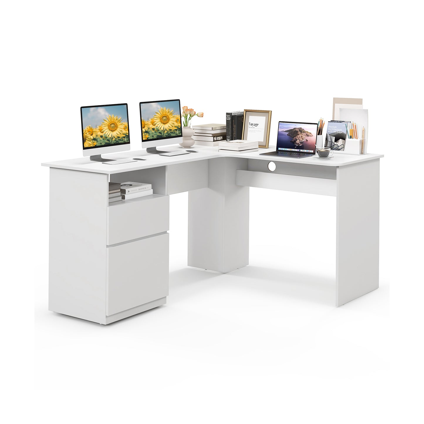 L Shaped Computer Desk with Letter File Drawer and Open Compartment-White