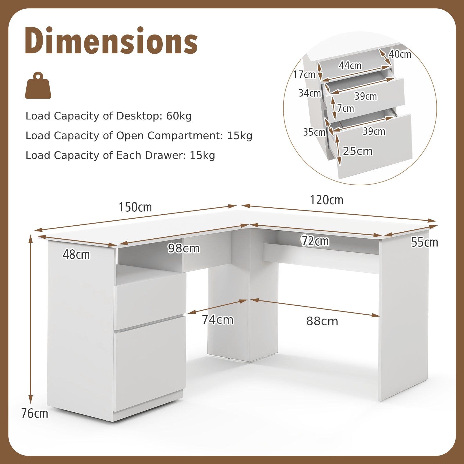 L Shaped Computer Desk with Letter File Drawer and Open Compartment-White