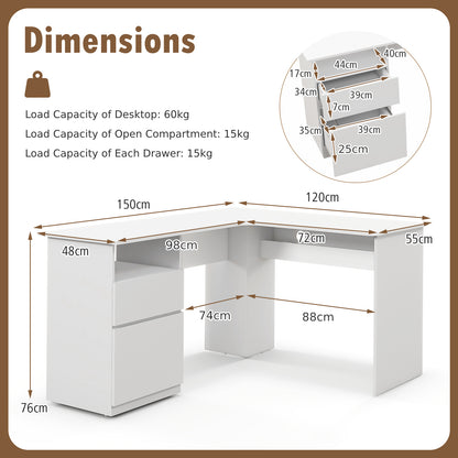 L Shaped Computer Desk with Letter File Drawer and Open Compartment-White