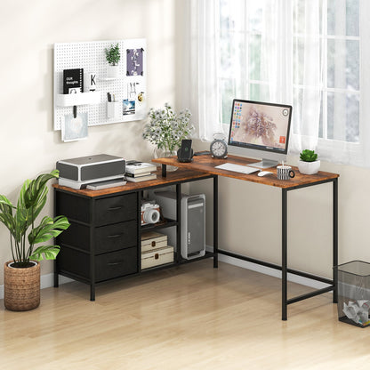 L-Shaped Computer Desk with Drawers Shelves and Charging Station-Rustic Brown