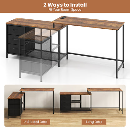 L-Shaped Computer Desk with Drawers Shelves and Charging Station-Rustic Brown