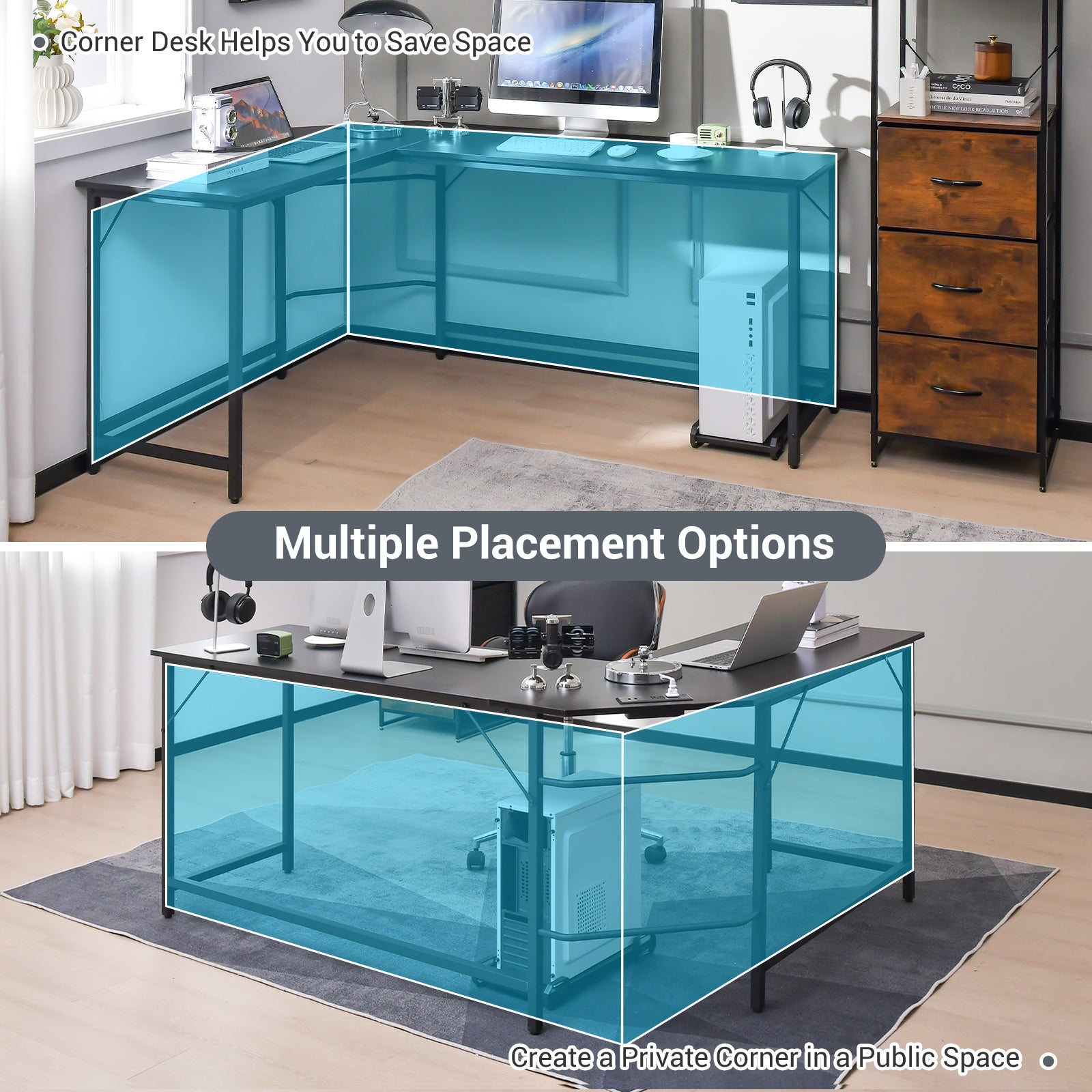 L-Shaped Desk with Power Outlet CPU Stand and Heavy-duty Metal Frame-Black