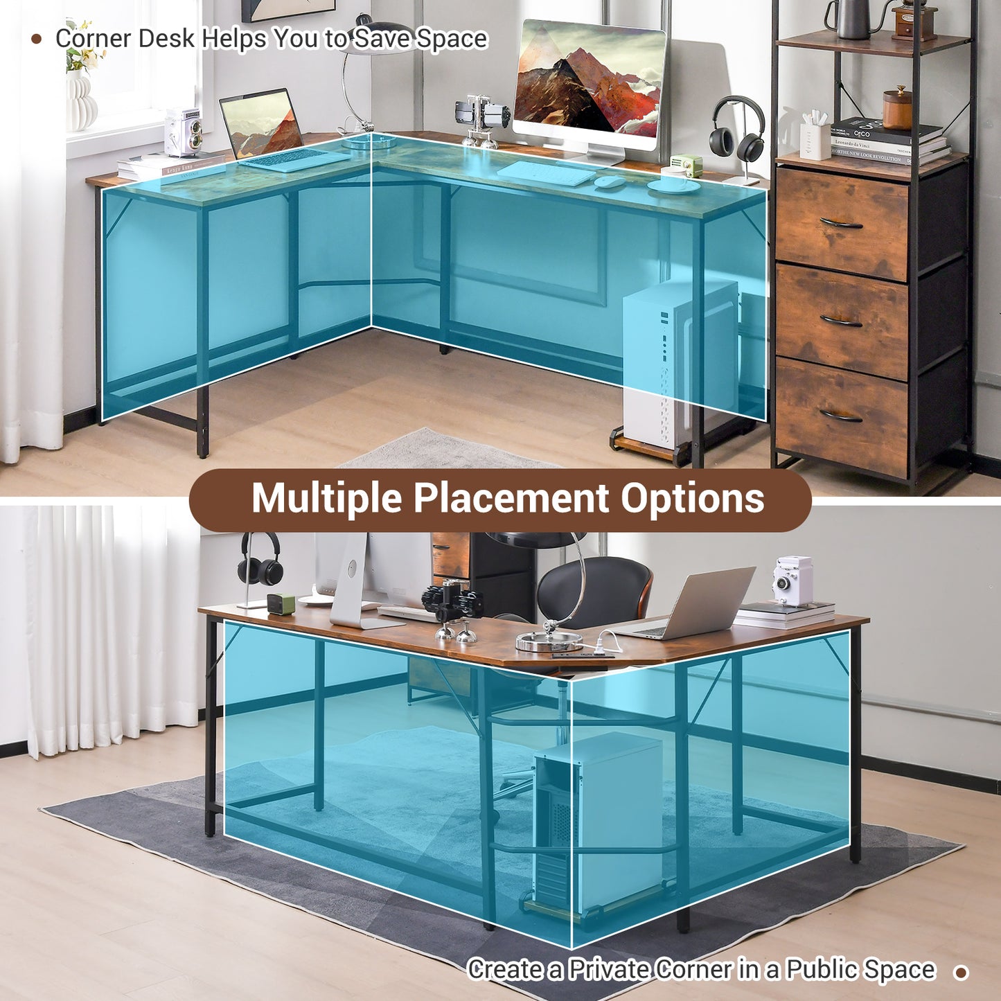 L-Shaped Desk with Power Outlet CPU Stand and Heavy-duty Metal Frame-Rustic Brown