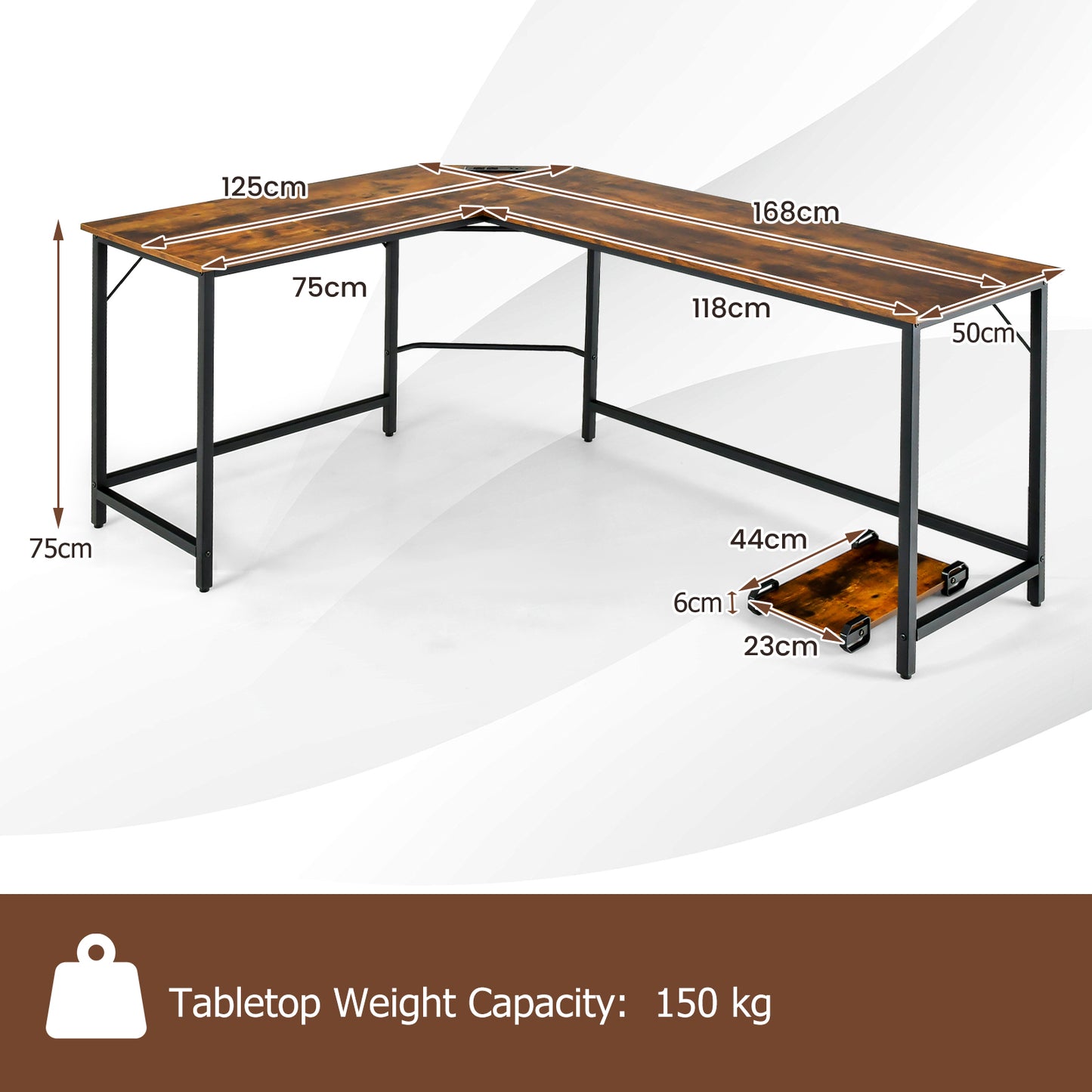 L-Shaped Desk with Power Outlet CPU Stand and Heavy-duty Metal Frame-Rustic Brown