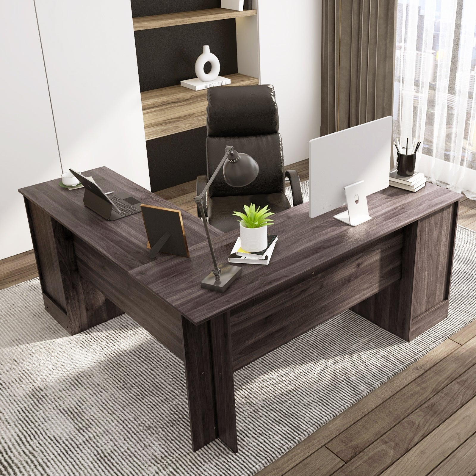 L-Shaped Corner Computer Desk with Drawers and Keyboard Tray-Dark Brown