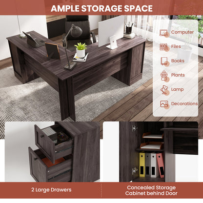 L-Shaped Corner Computer Desk with Drawers and Keyboard Tray-Dark Brown