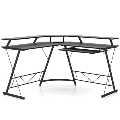 L-shaped Computer Desk with Power Outlet and Monitor Stand-Black