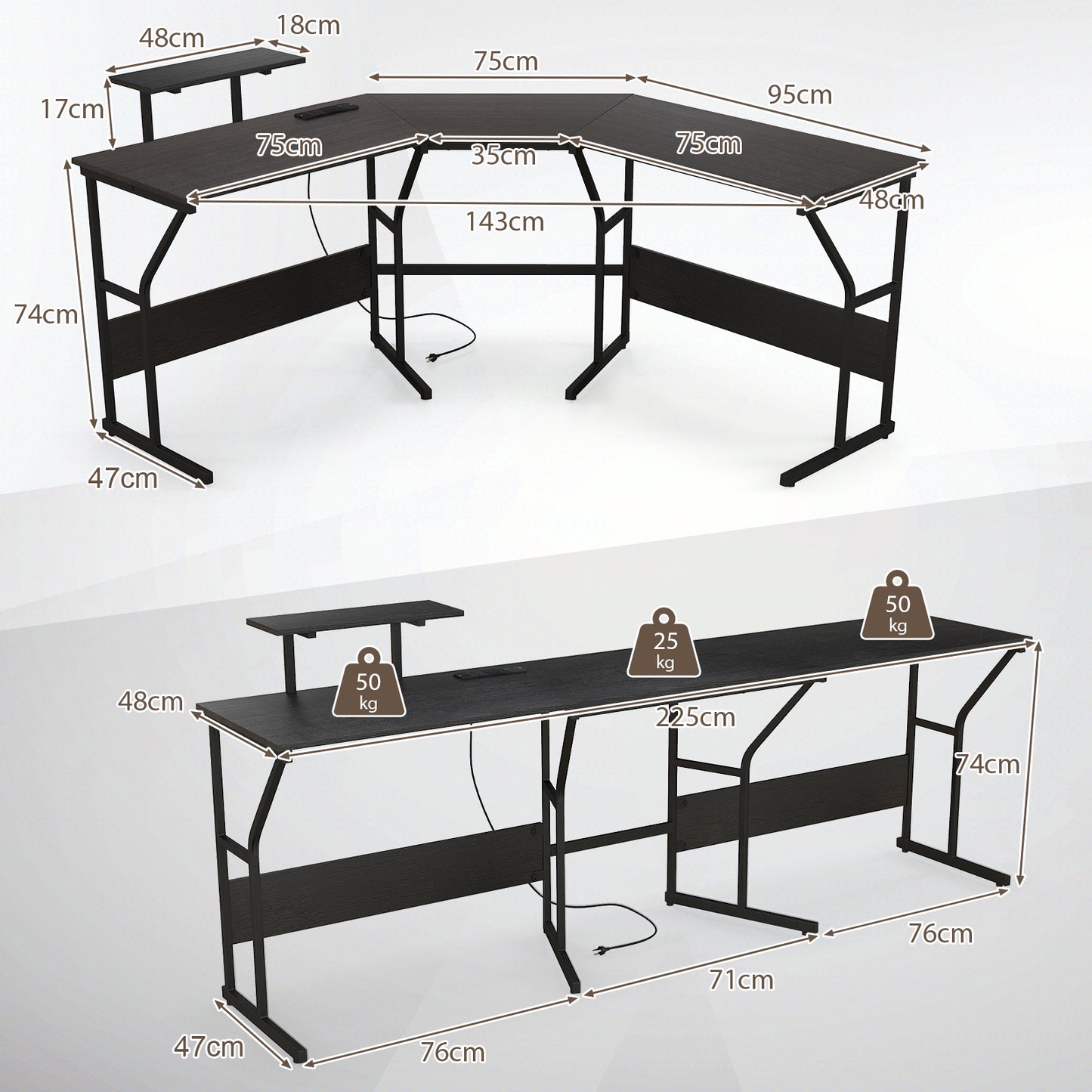 L-shaped Desk Corner Computer Desk with Movable Monitor Stand-Black