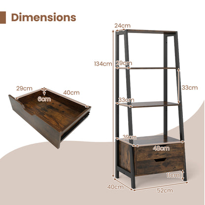 Ladder Bookshelf Tall Freestanding Display Rack with Storage-Rustic Brown