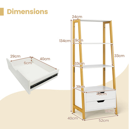 Ladder Bookshelf Tall Freestanding Display Rack with Storage-White