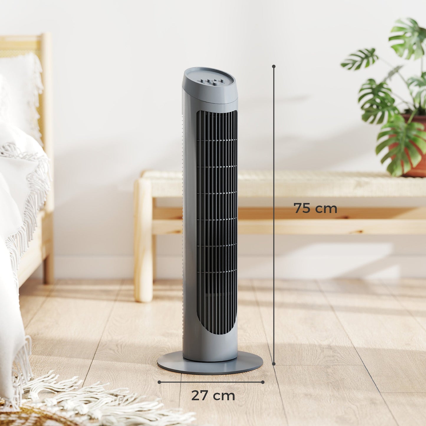 HOMCOM Tower Fan for Bedroom Cooling, 75cm Electric 70Â° Oscillating with 3 Speed Settings, Standing Floor Fan, Grey