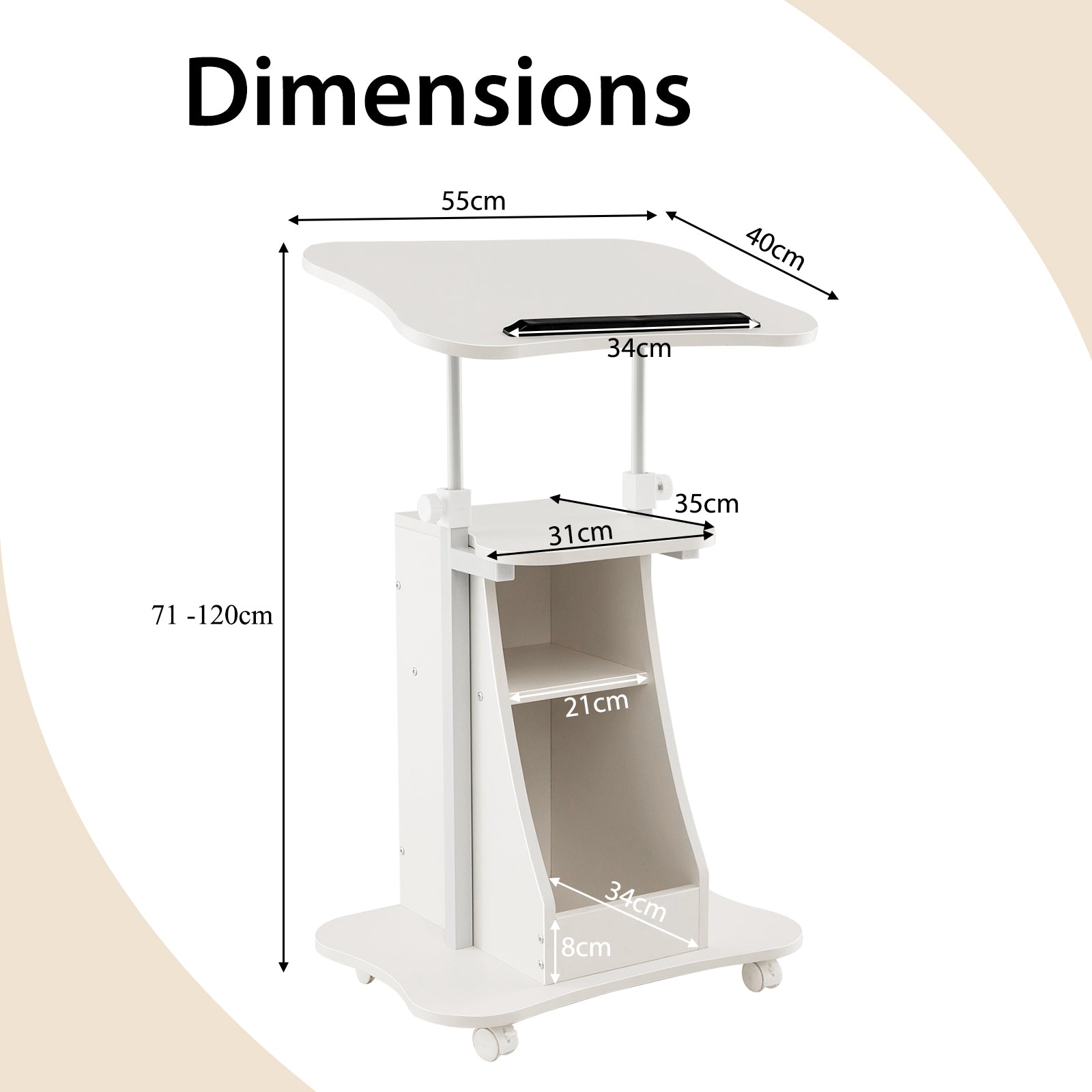 Laptop Cart Height Adjustable with Wheels-White