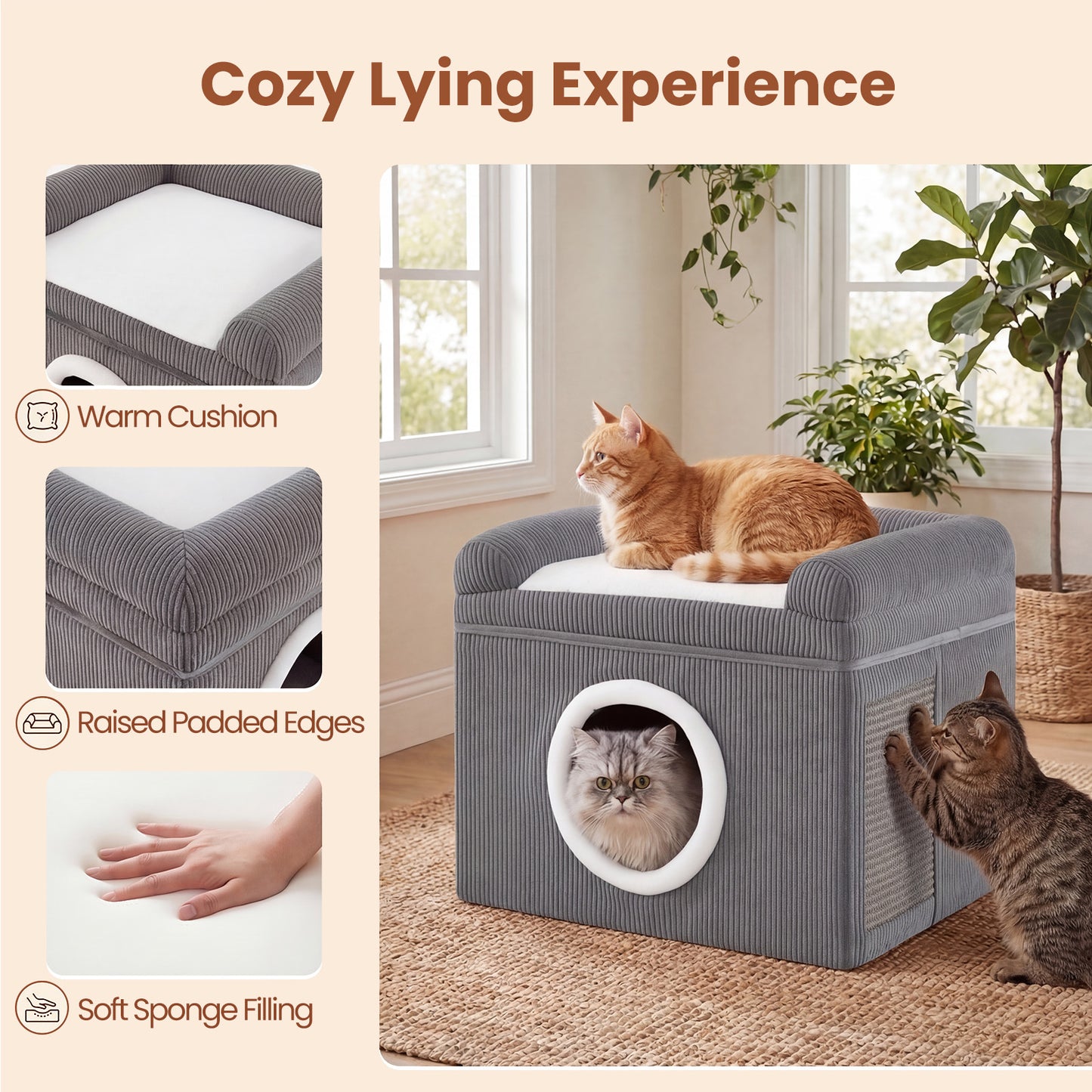 Large Cat Cave with Cozy Condo Sisal Scratching Mat and Anti-Slip Bottom-Grey