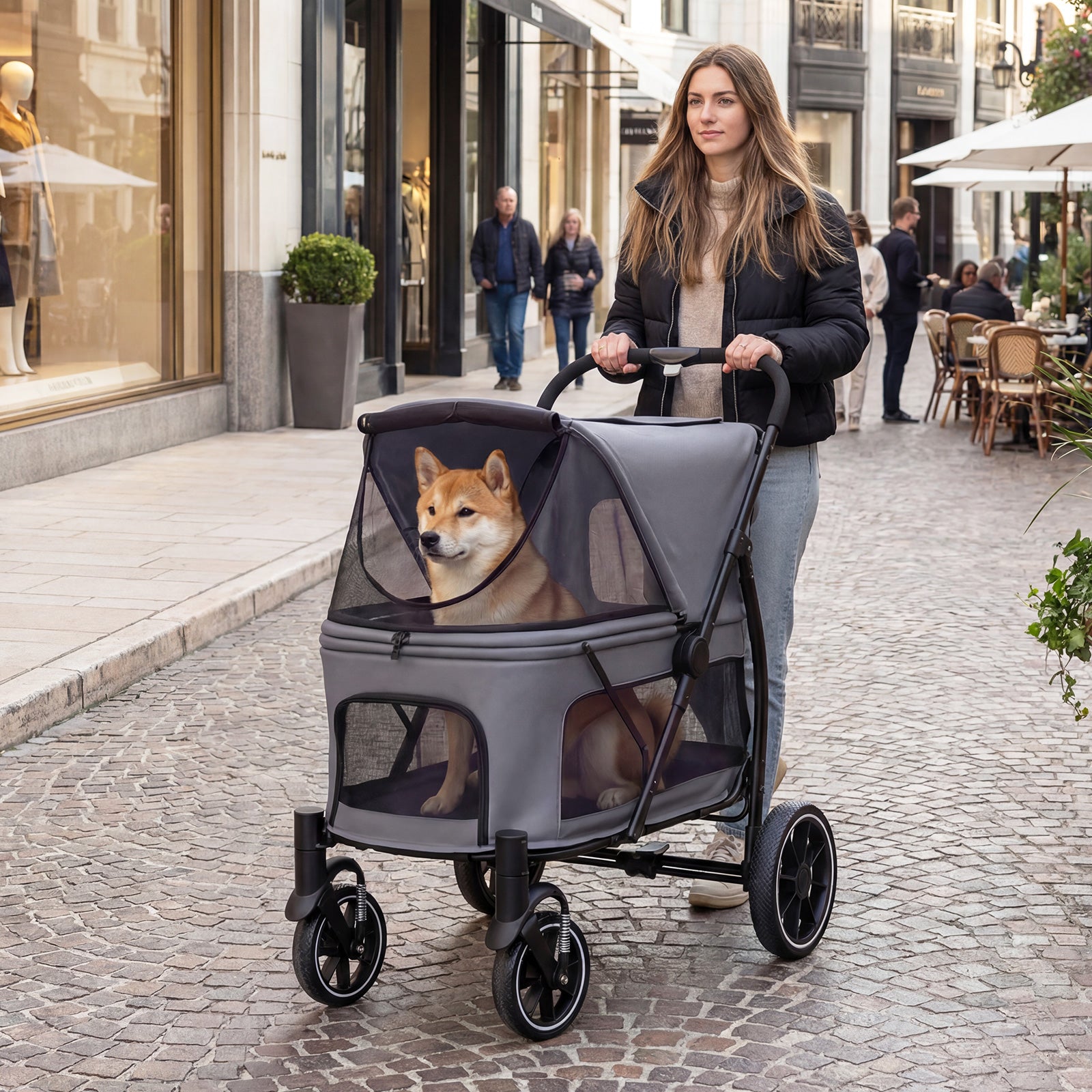 Large Dog Stroller with All-terrain Wheels and Adjustable Mesh Canopy-Grey