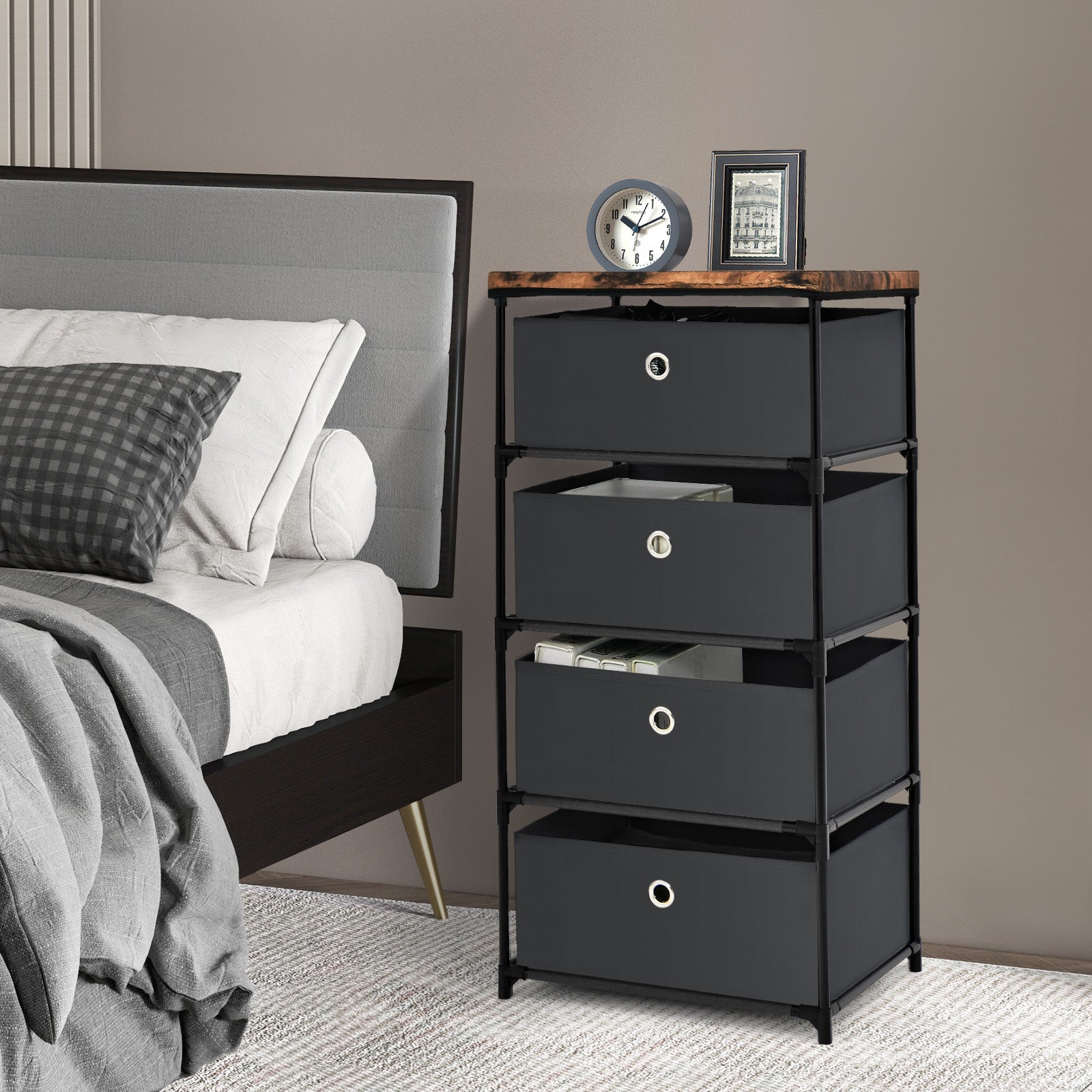 4-Tier Fabric Dresser with Drawers and Metal Frame-Black