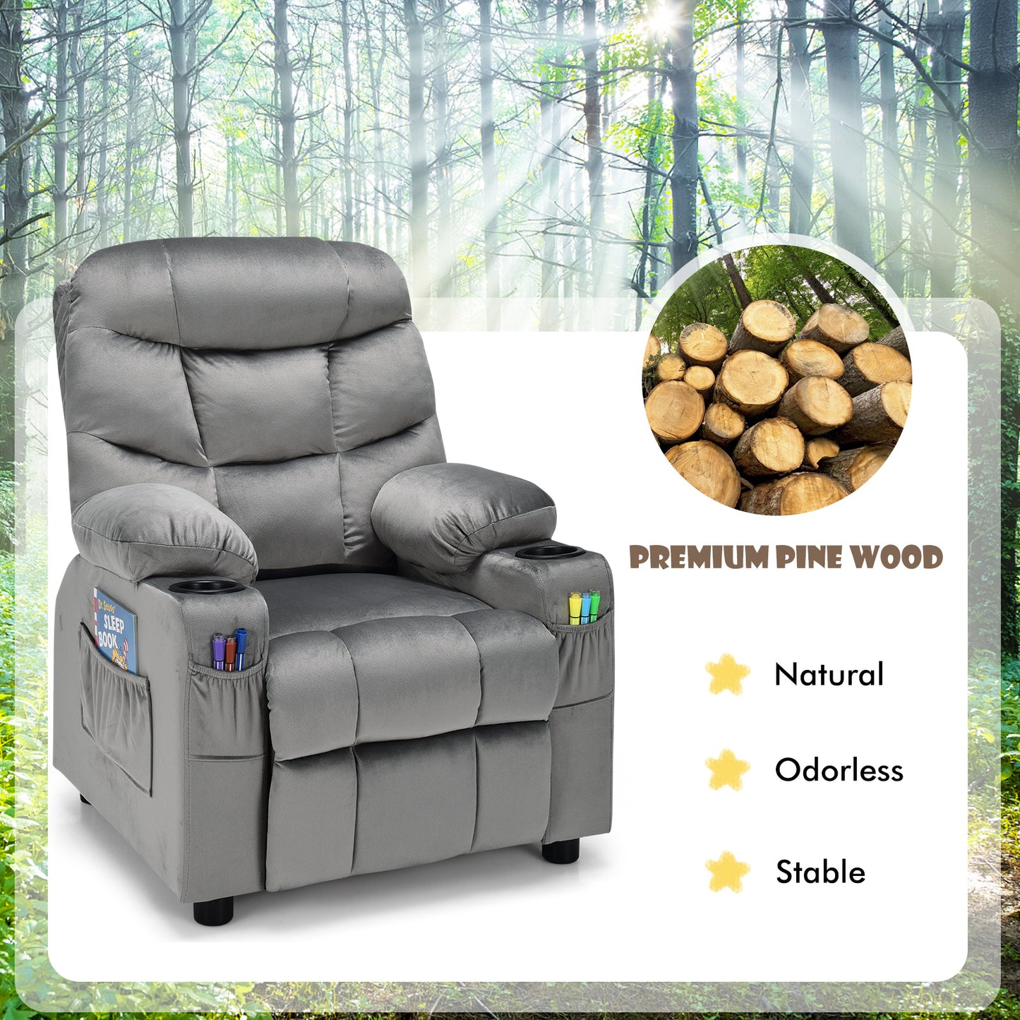 Adjustable Larger Kids Lounge Recliner Chair with 2 Cup Holders-Grey