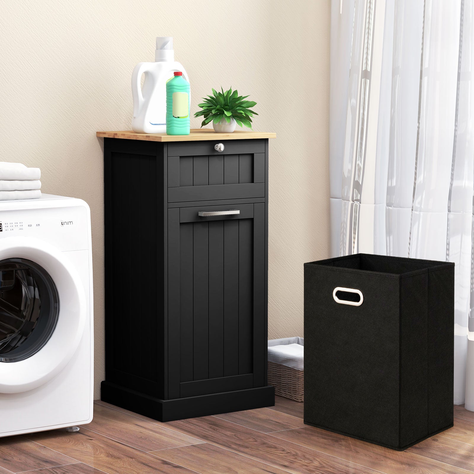 Laundry Cabinet with Basket Freestanding Tilt Out Laundry Hamper with Drawer-Black