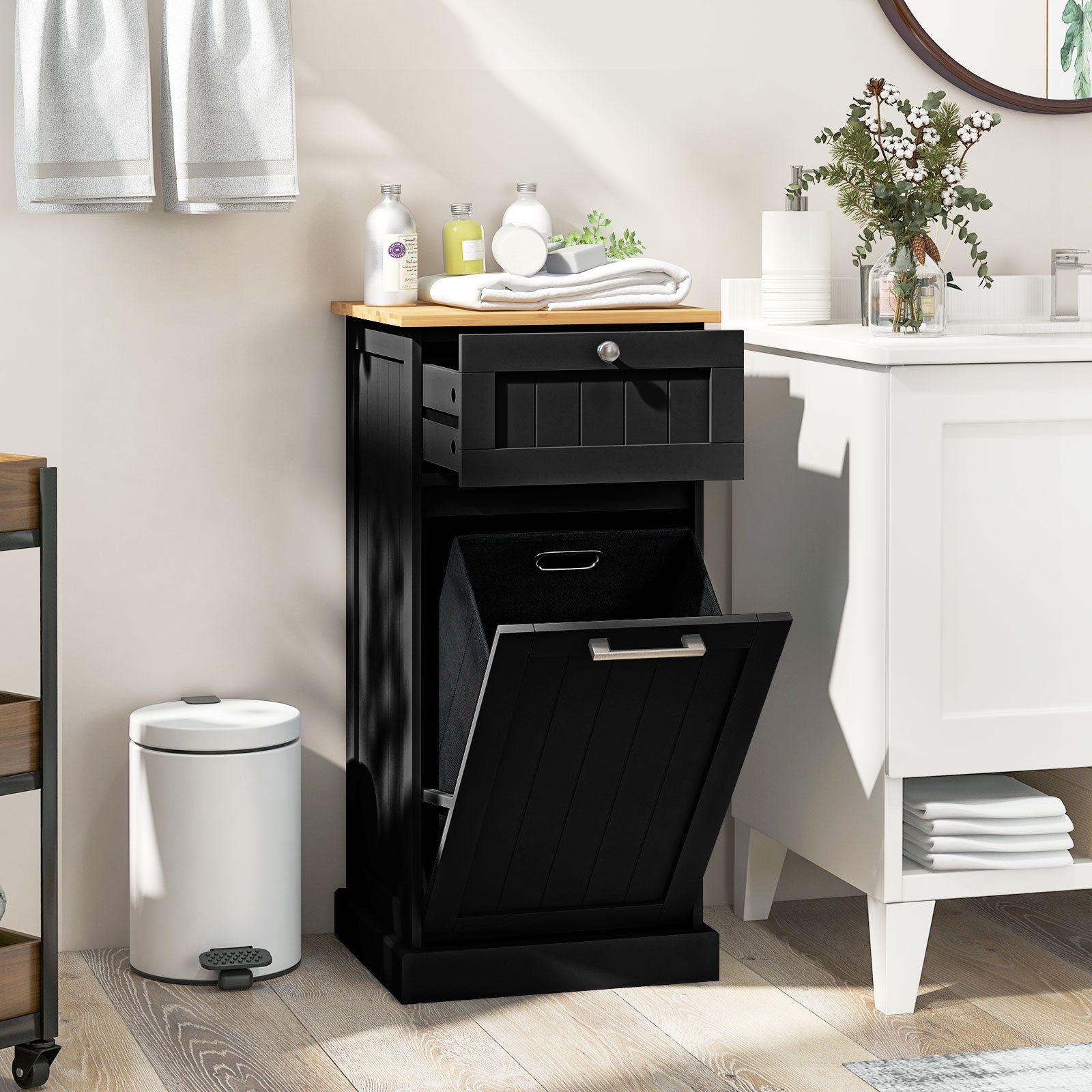 Laundry Cabinet with Basket Freestanding Tilt Out Laundry Hamper with Drawer-Black