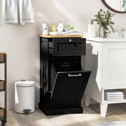 Laundry Cabinet with Basket Freestanding Tilt Out Laundry Hamper with Drawer-Black
