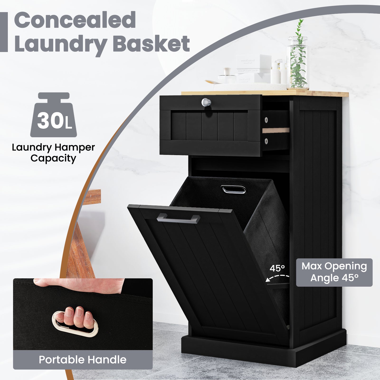 Laundry Cabinet with Basket Freestanding Tilt Out Laundry Hamper with Drawer-Black