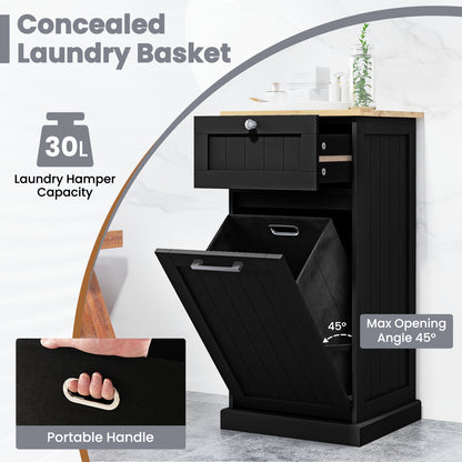 Laundry Cabinet with Basket Freestanding Tilt Out Laundry Hamper with Drawer-Black