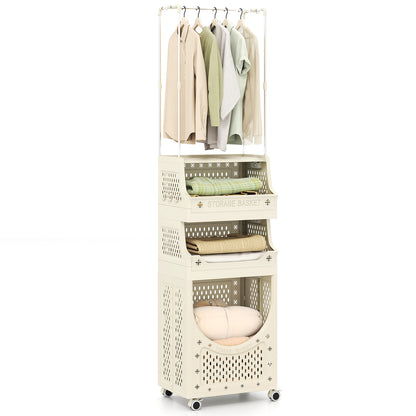 2-in-1 3/4-Tier Laundry Cart with Hanging Bar and Lockable Wheels-4-Tier-Beige