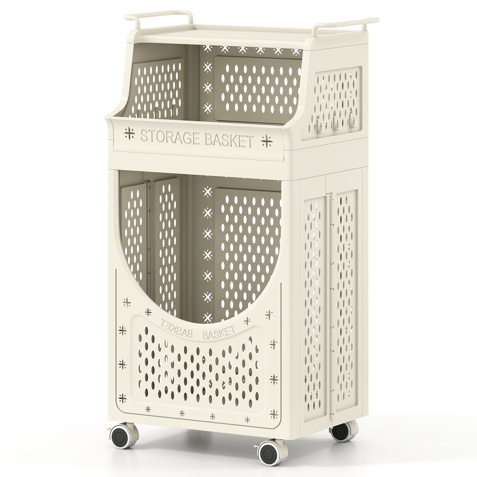 3/4-Tier Laundry Cart with Large Hamper and Lockable Wheels-Beige-3-Tier