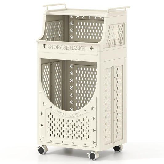 3/4-Tier Laundry Cart with Large Hamper and Lockable Wheels-Beige-3-Tier