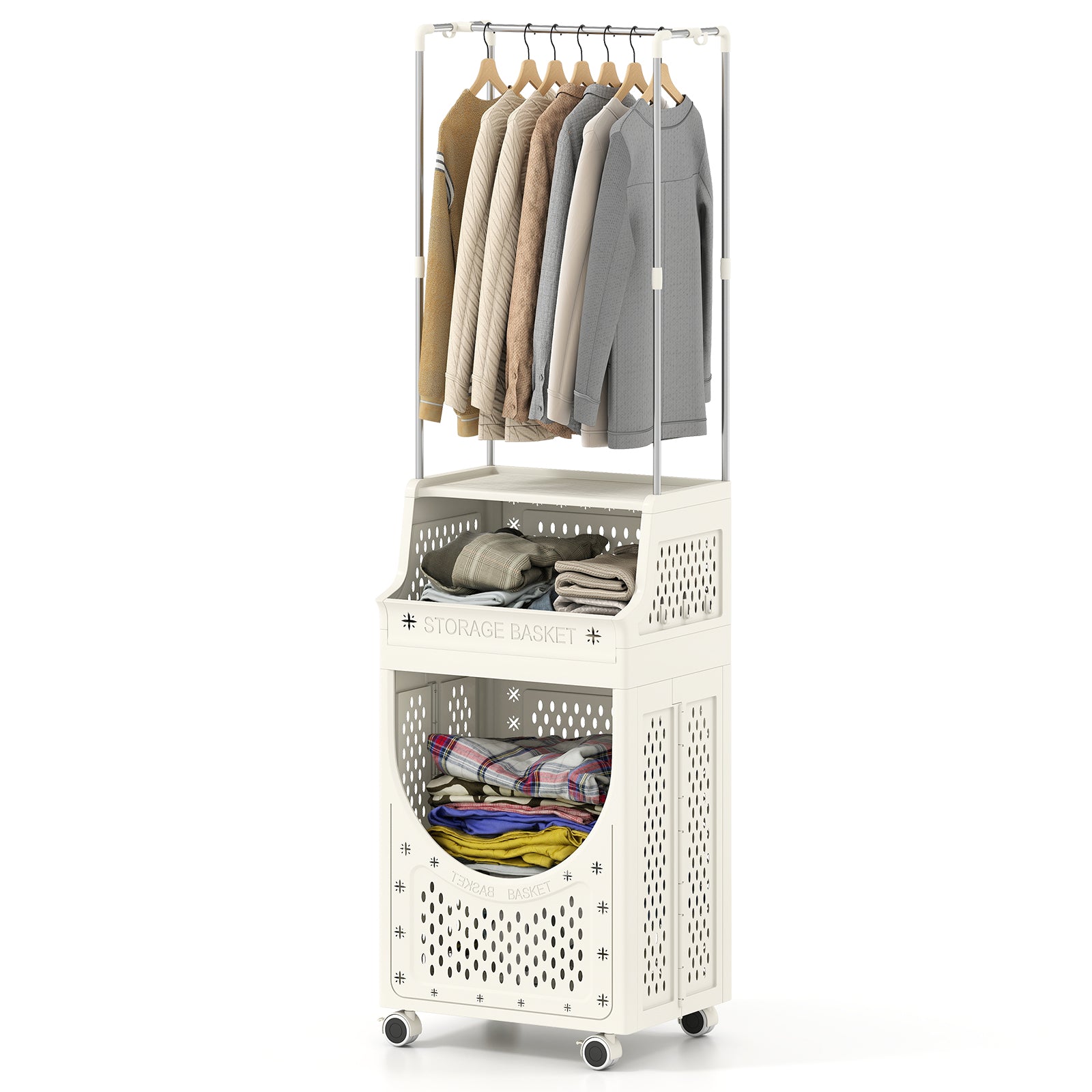 2-in-1 3/4-Tier Laundry Cart with Hanging Bar and Lockable Wheels-3-Tier-Beige