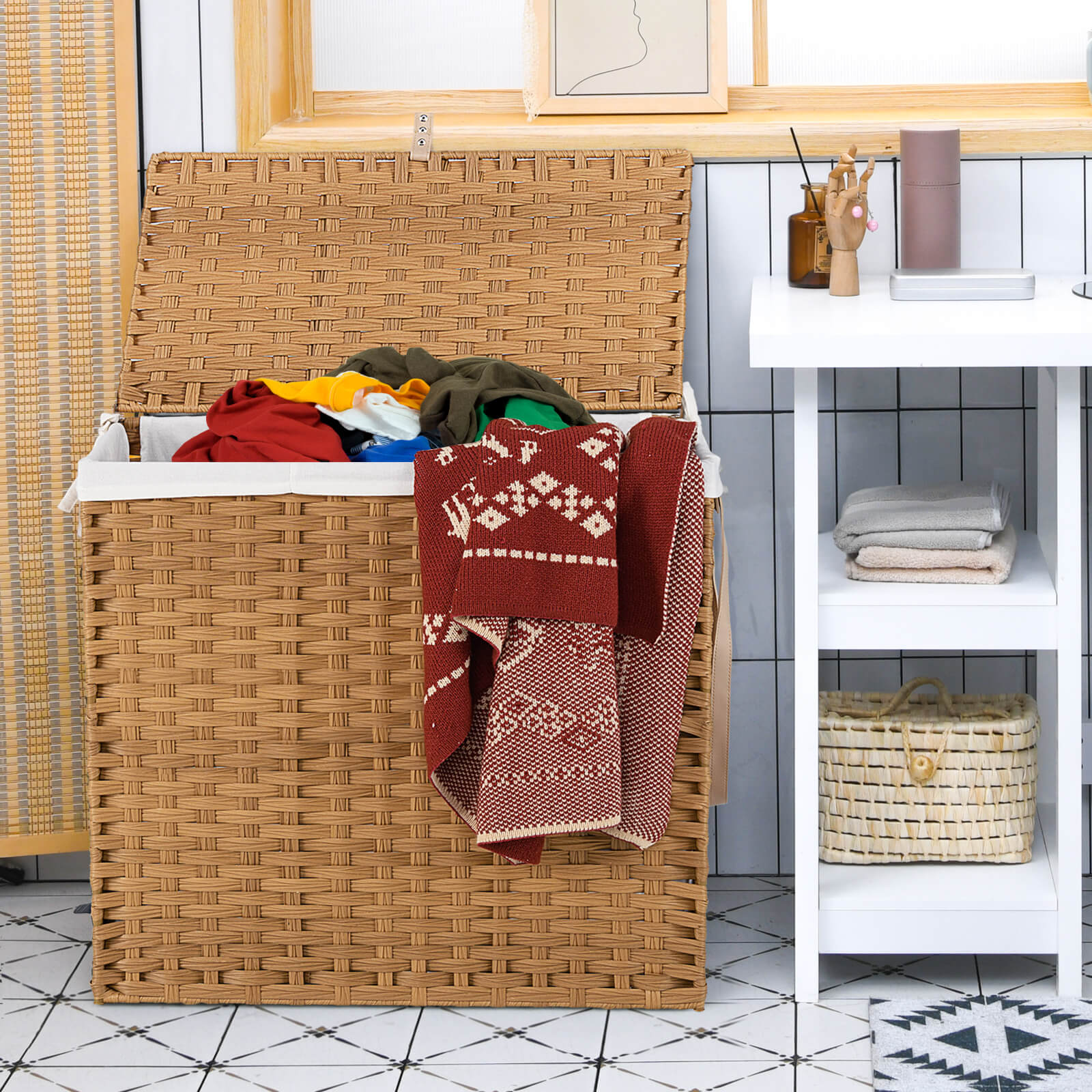 Laundry Hamper with Lid and Wheels and 2 Removable and Washable Liner Bags-Natural