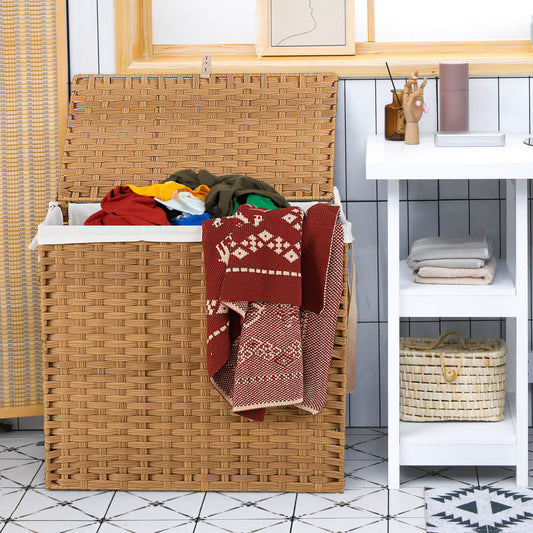 Laundry Hamper with Lid and Wheels and 2 Removable and Washable Liner Bags-Natural