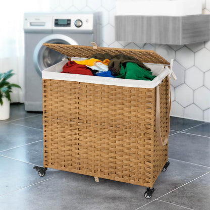 Laundry Hamper with Lid and Wheels and 2 Removable and Washable Liner Bags-Natural