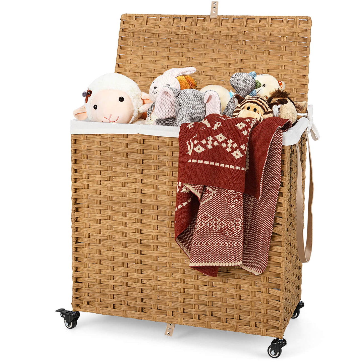 Laundry Hamper with Lid and Wheels and 2 Removable and Washable Liner Bags-Natural