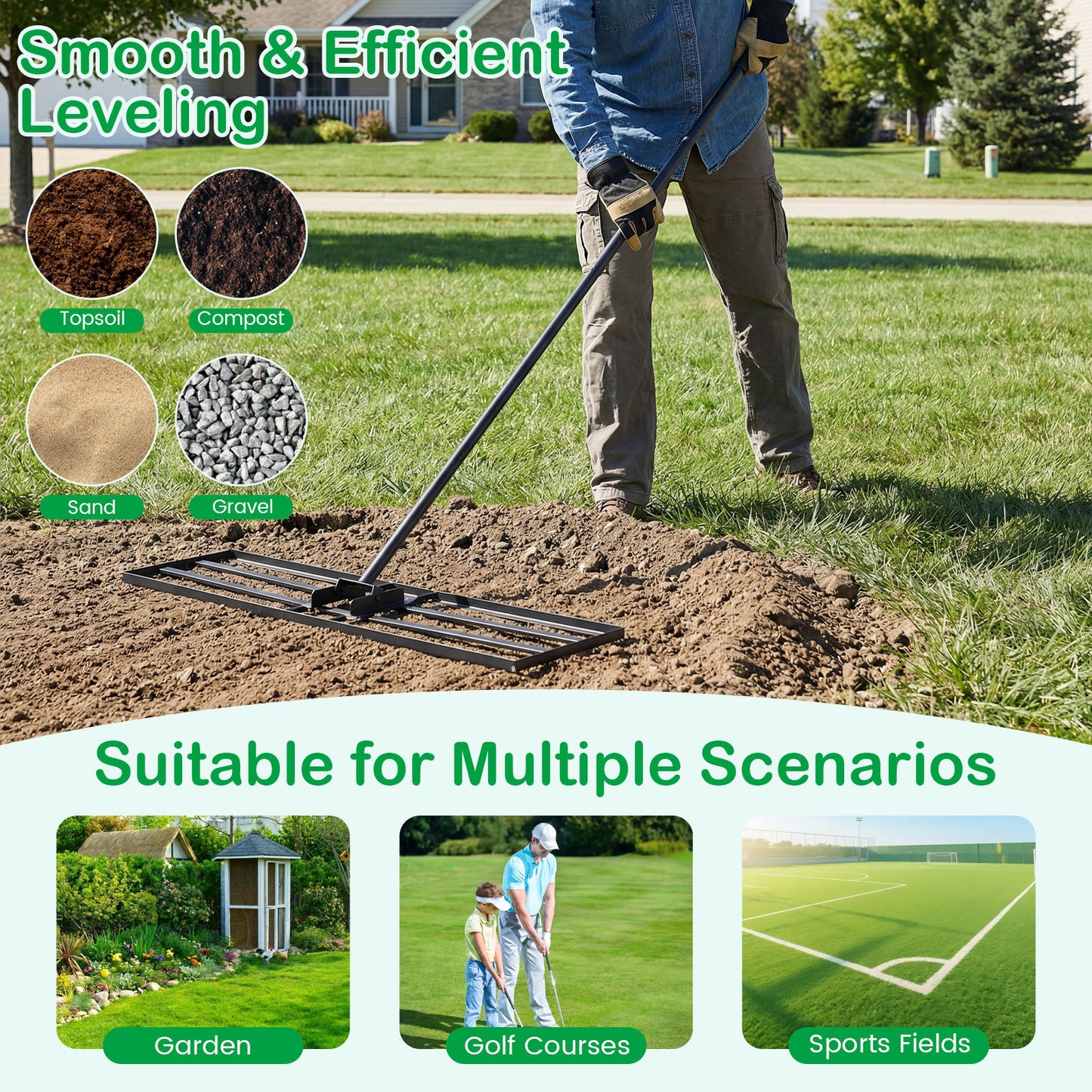 Lawn Leveling Rake with 177cm Adjustable Long Handle and Anti-Slip Grip-Black