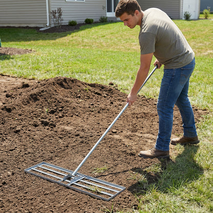 Lawn Leveling Rake with 177cm Adjustable Long Handle and Anti-Slip Grip-Silver