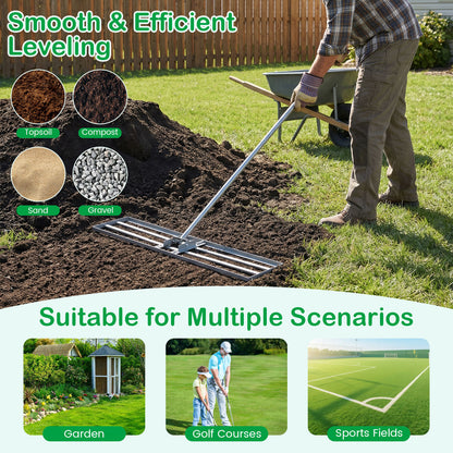 Lawn Leveling Rake with 177cm Adjustable Long Handle and Anti-Slip Grip-Silver