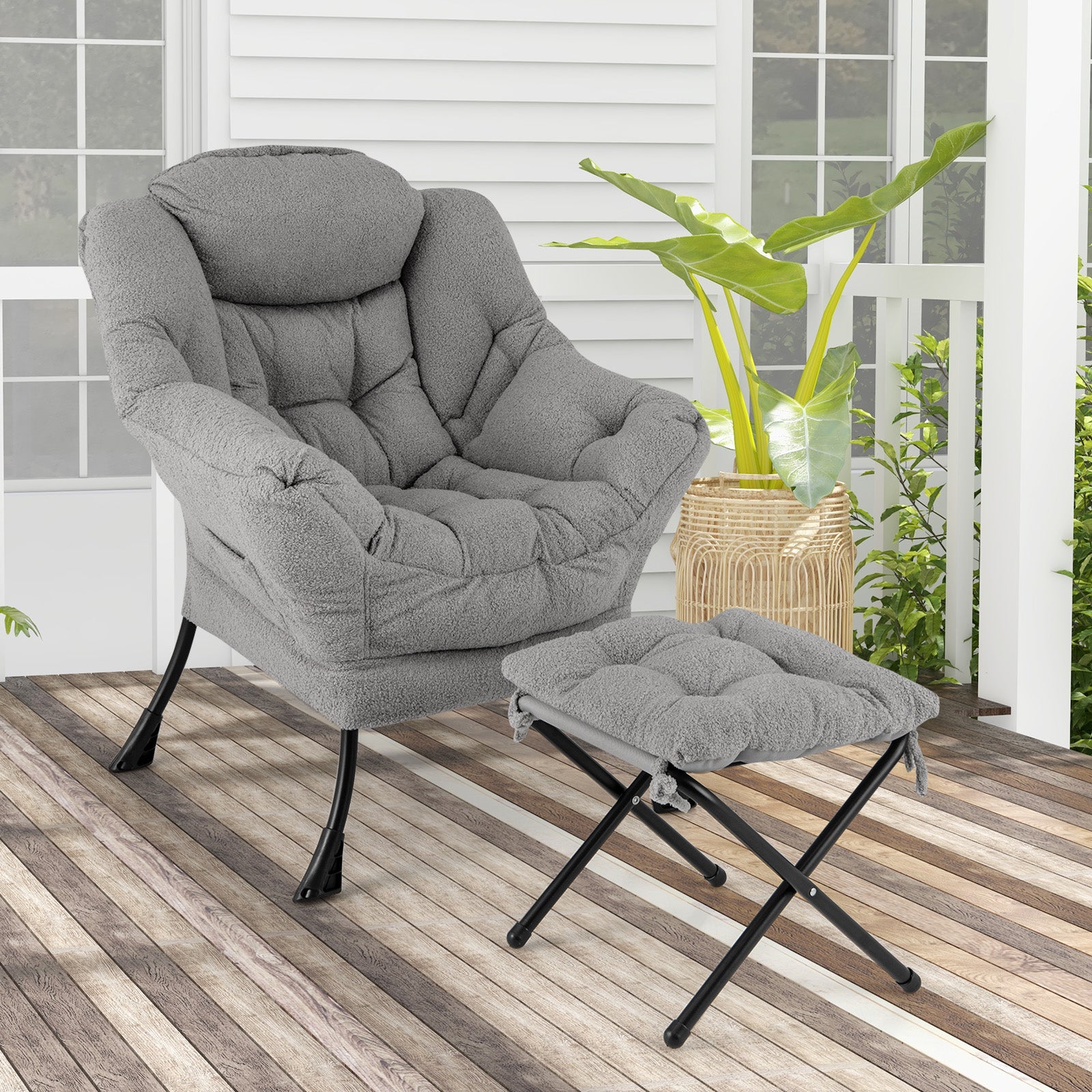 Lazy Chair with Ottoman and Folding Footrest for Living Room-Grey