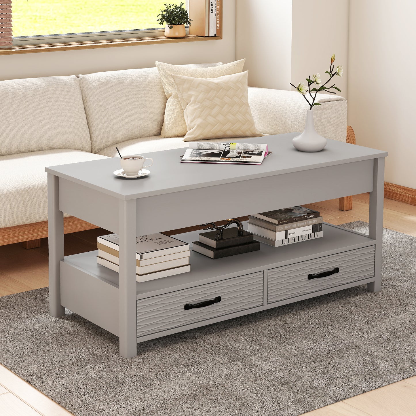 Lift Top Coffee Table Farmhouse Accent Table with Storage-Grey