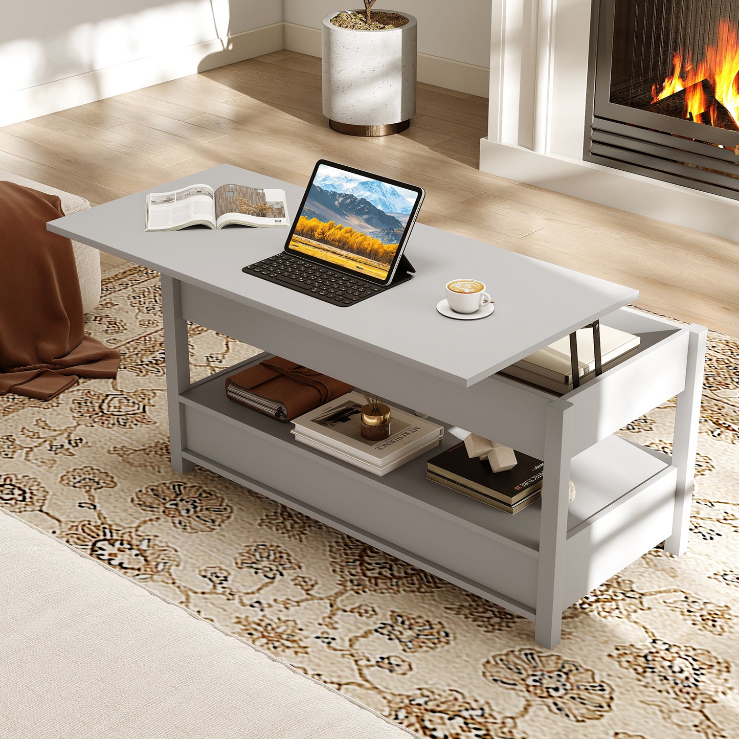 Lift Top Coffee Table Farmhouse Accent Table with Storage-Grey
