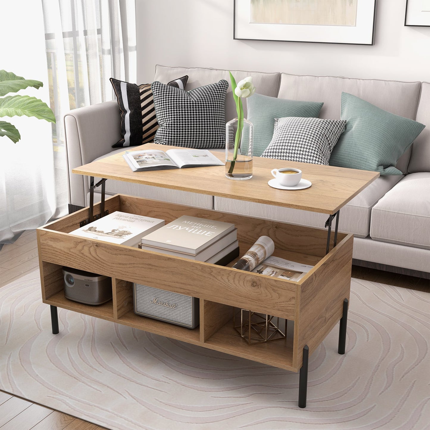 Lift Top Coffee Table with Large Hidden Compartment and 3 Open Cubbies-Natural